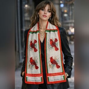 Vintage 1975 Cardinal Scarf Richmondena Cardinalis Wildlife Print Oblong Red Whi